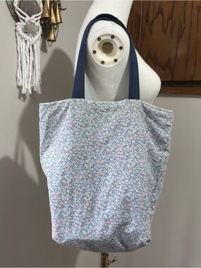 Handmade Blue Denim Floral Shoulder Tote Bag Purse Reversible Boho Cottagecore